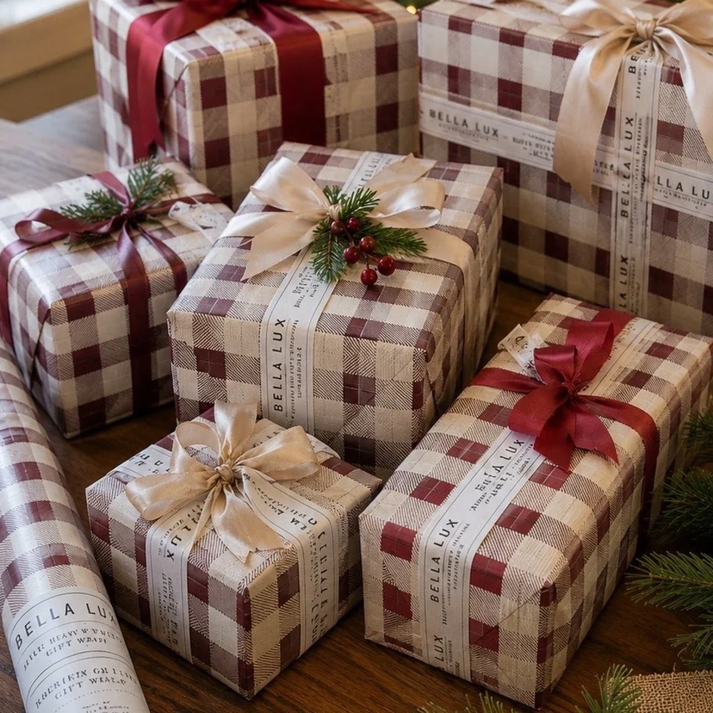 Bella Lux Luxe Heavy Weight Gift Wrap Red Cream Buffalo Plaid 30 sq ft 109-08